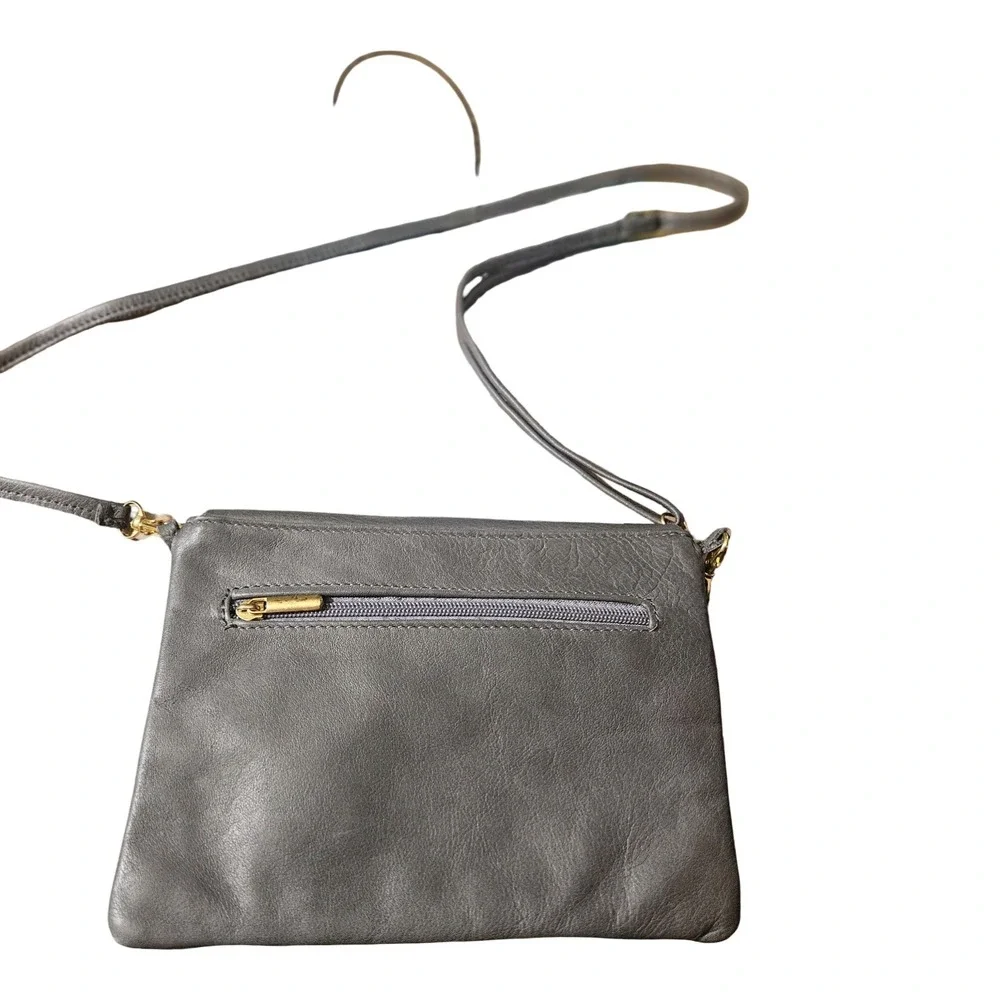 Genuine‎ Gray Leather Asymmetrical Foldover Crossbody Bag Gold Hardware